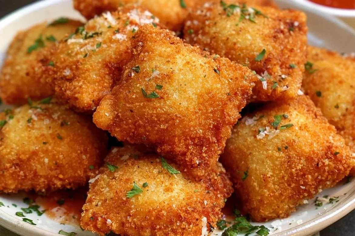 Crispy fried ravioli served with marinara sauce and garnished with herbs