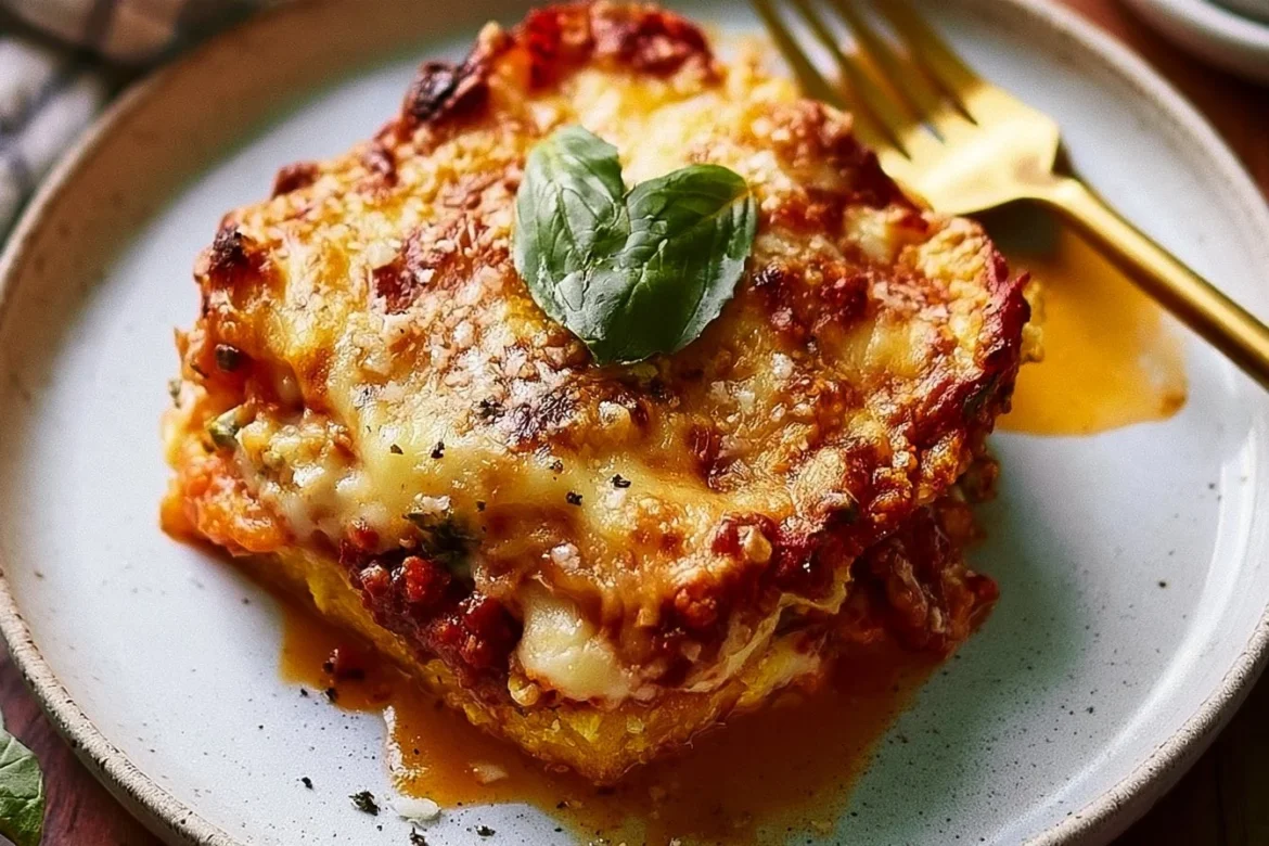 A delicious serving of easy polenta lasagna topped with mozzarella and basil.