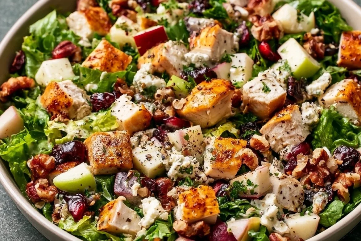 Colorful fall chicken chopped salad with vibrant veggies and dressing.