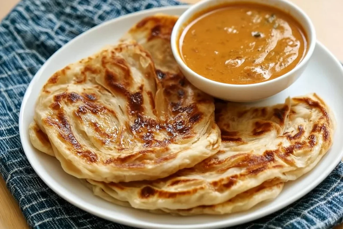Flaky Roti Canai on a plate, served with curry and dipping sauce