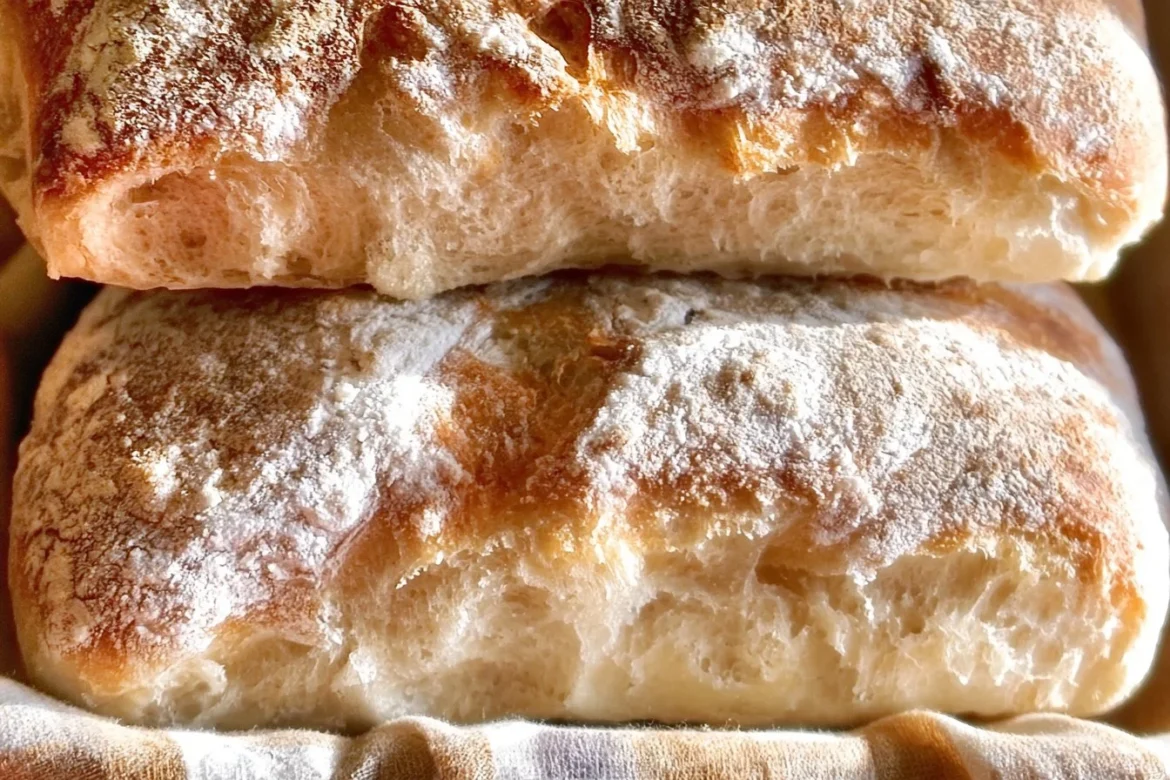Loaf of freshly baked ciabatta bread on a wooden cutting board