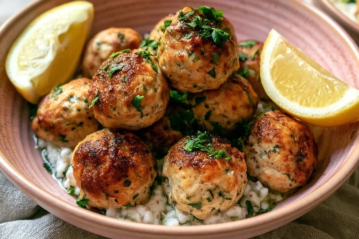 Herby Greek Chicken Meatballs served on a plate with fresh herbs.