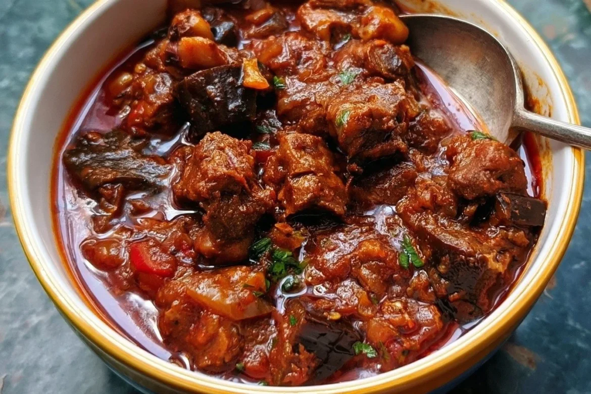 Delicious Lebanese lamb stew with eggplant, garnished and ready to serve.