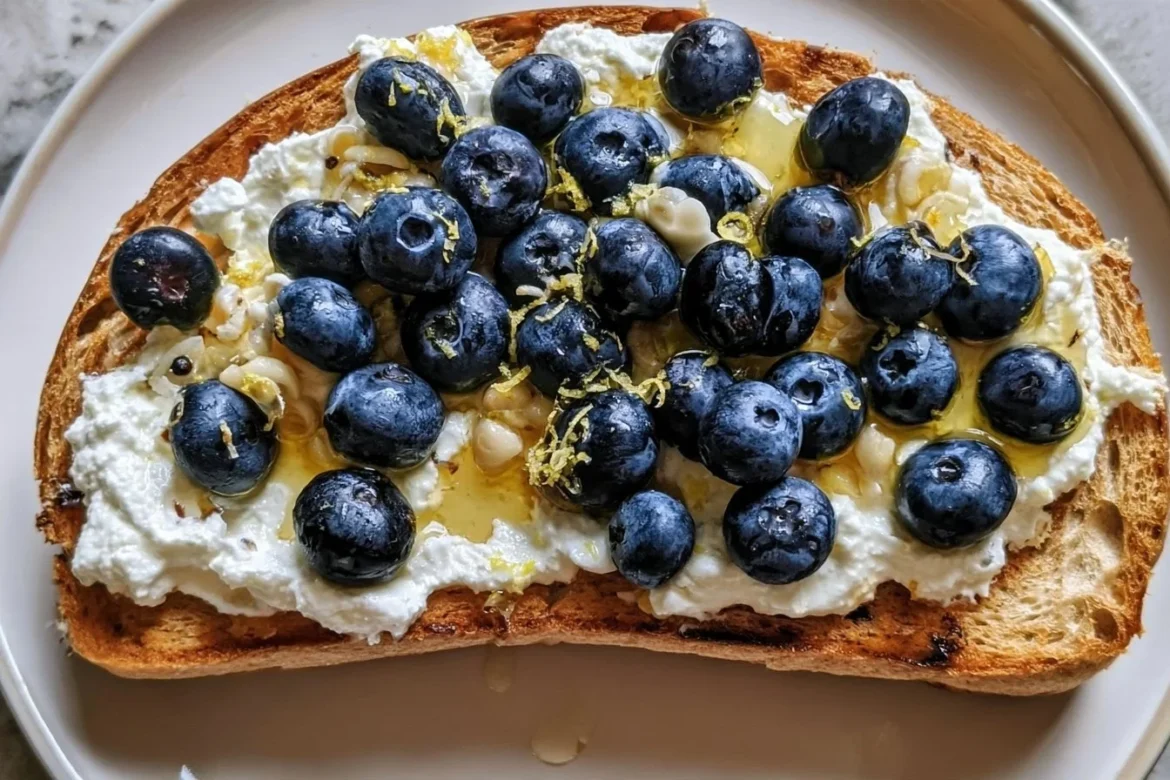 Lemon Blueberry Ricotta Toast topped with honey and fresh blueberries