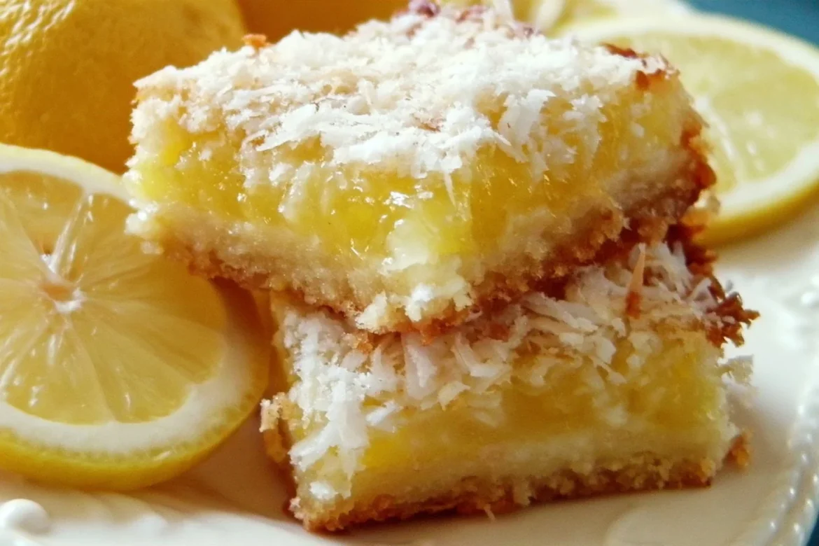 Delicious homemade Lemon Coconut Bars with zesty lemon and creamy coconut topping