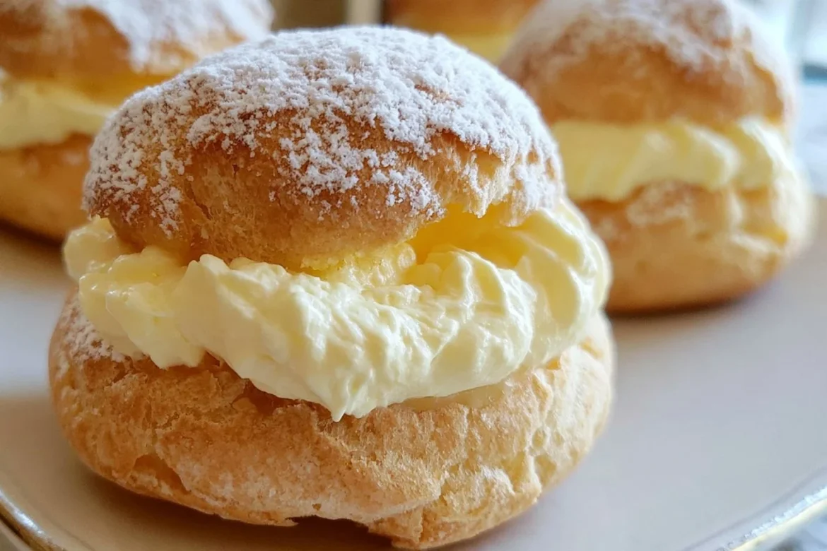 Freshly made lemon cream puffs on a plate, topped with powdered sugar and lemon zest.