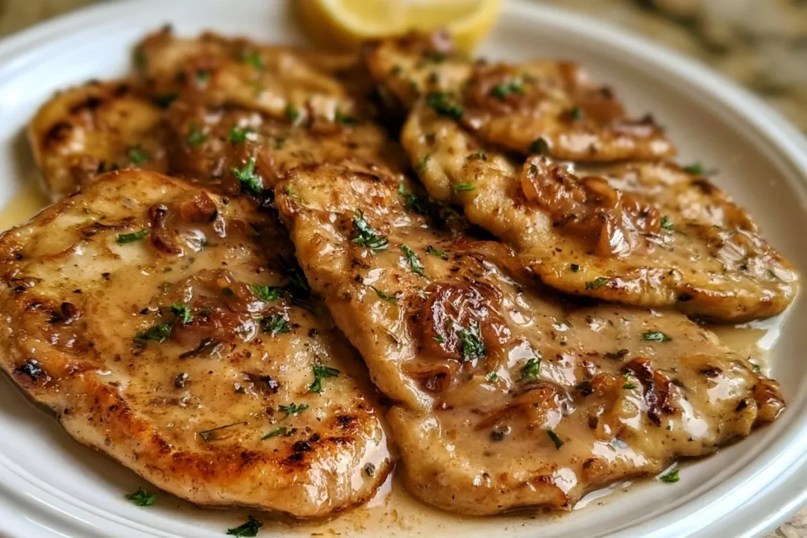 Lemon Shallot Chicken dish garnished with fresh herbs and citrus fruits