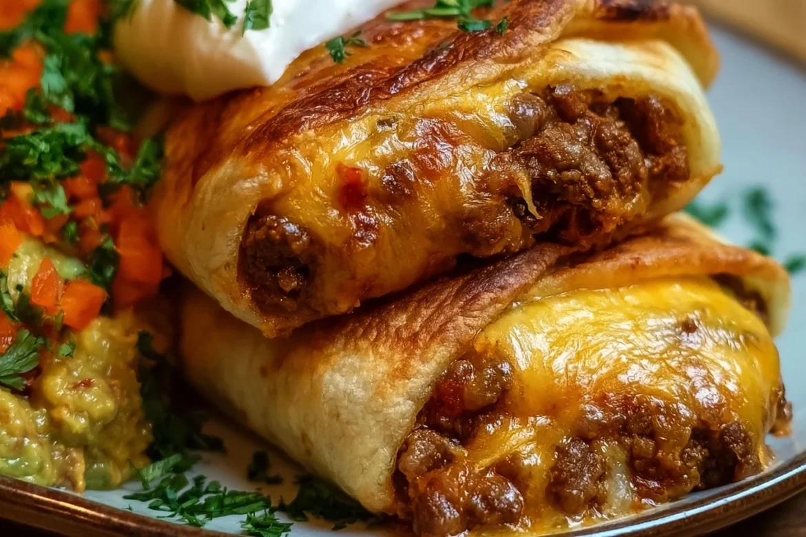 Delicious loaded cheesy beef chimichangas served on a plate