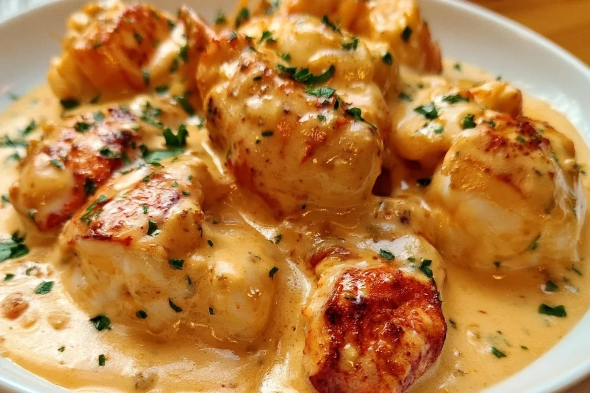 Delicious Lobster Newburg served in a creamy sauce over savory toast