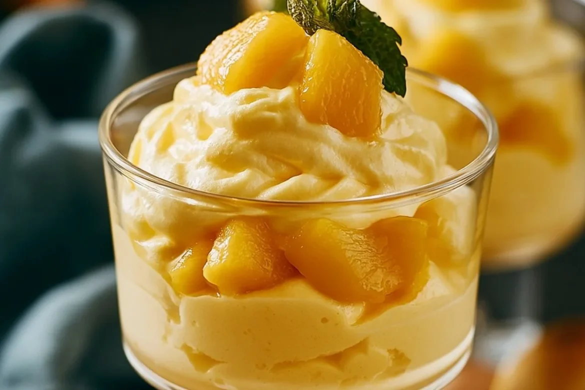 Delicious homemade Mango Mousse dessert in a glass with fresh mango slices on top.