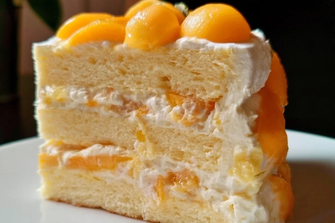 Mango Yuzu Whipped Cream Cake topped with fresh mango and yuzu zest