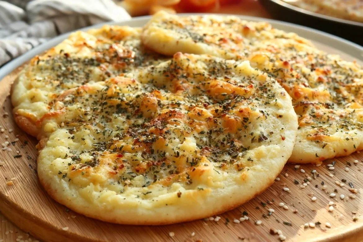 Delicious mashed potato flatbread topped with fresh herbs and spices