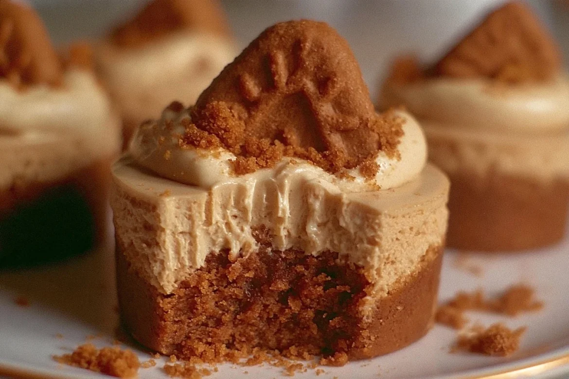 Mini Biscoff cheesecakes topped with cookie crumbles in individual cups