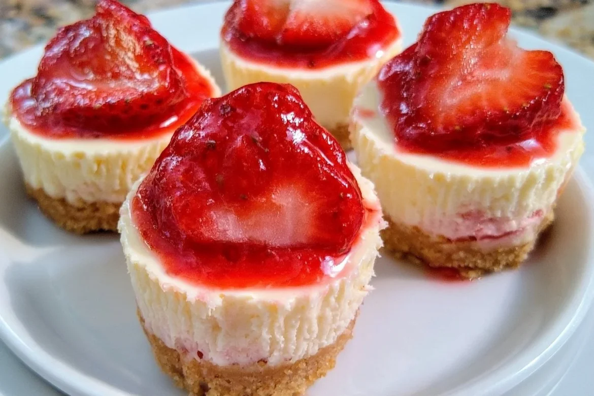 Mini strawberry cheesecake bites topped with fresh strawberries