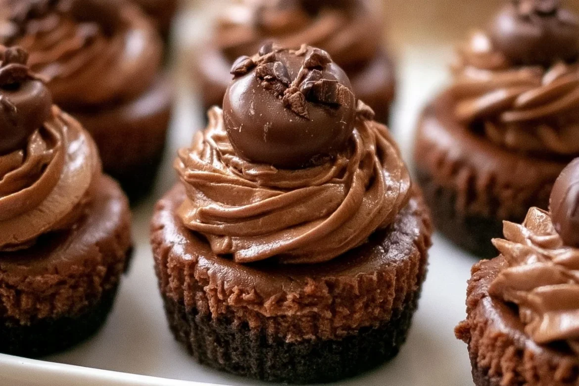 Mini Triple Chocolate Cheesecakes topped with chocolate ganache and whipped cream