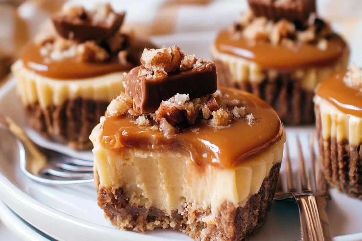 Mini Turtle Cheesecakes with chocolate, caramel, and pecans