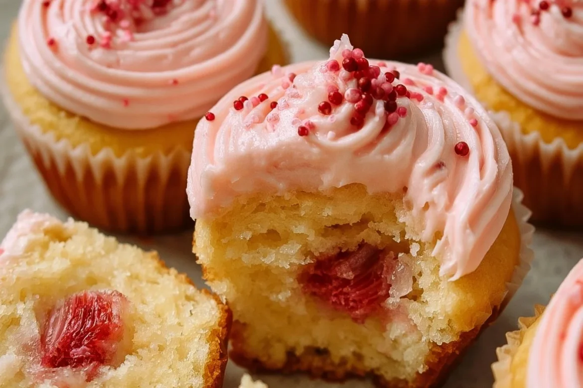 Moist rhubarb honey cupcakes topped with a light frosting on a wooden table.