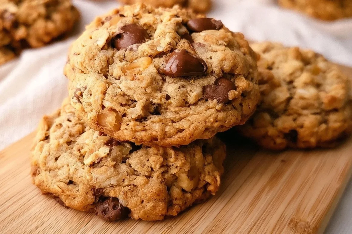 Delicious oatmeal walnut chocolate chip cookies fresh out of the oven