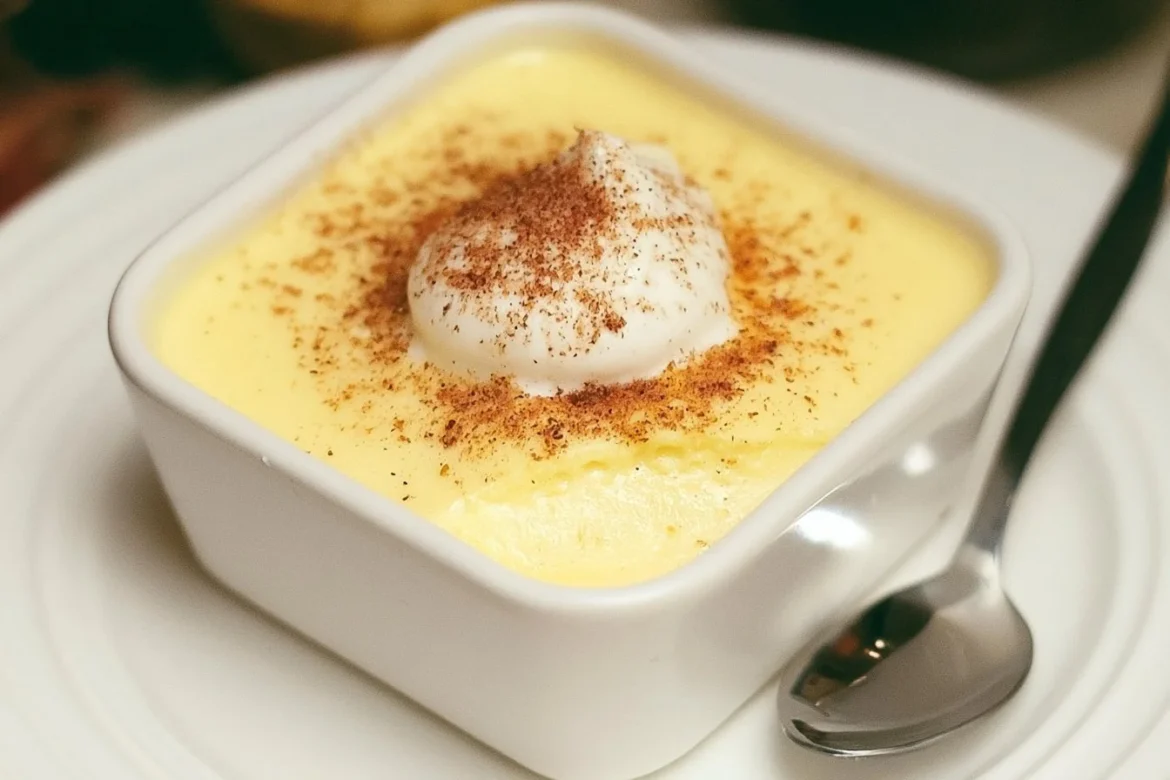 Delicious old fashioned egg custard in a serving dish