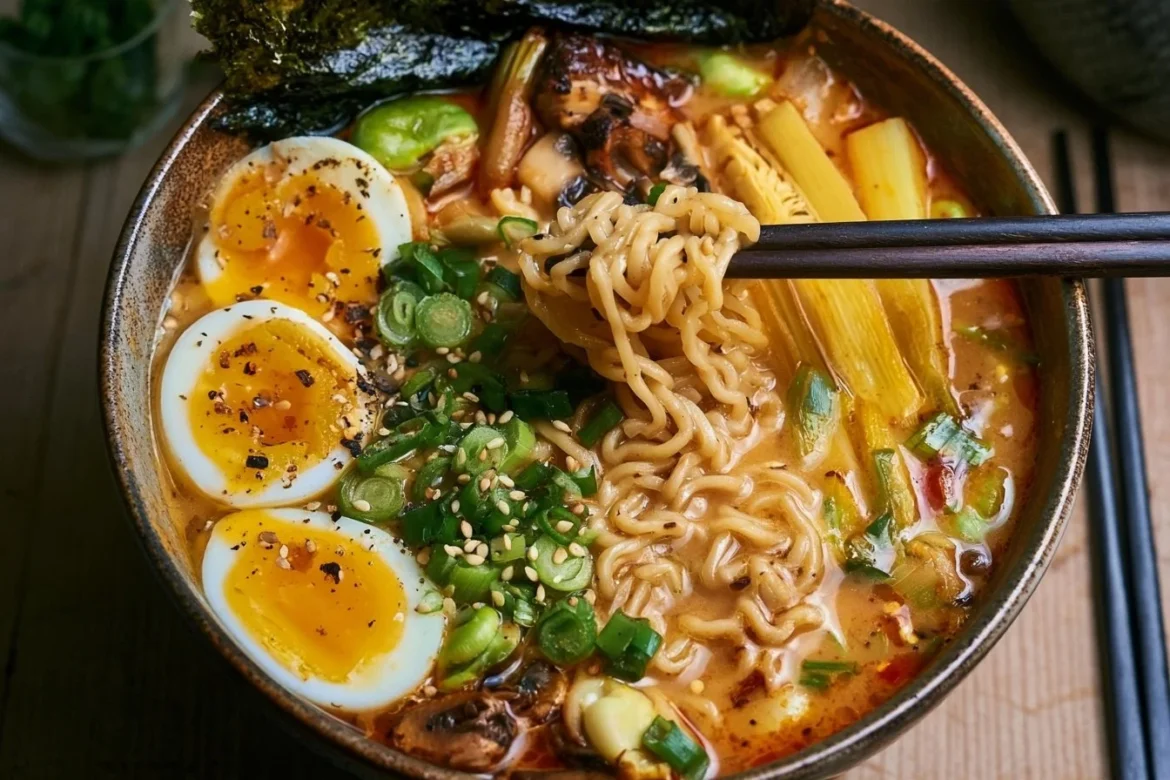 Delicious one-pot spicy miso ramen in a bowl with toppings