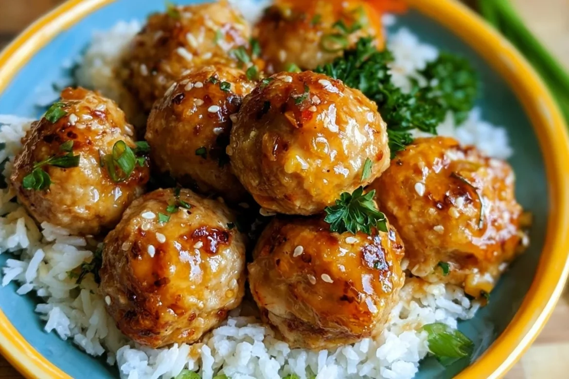 Delicious orange chicken meatballs served with a tangy sauce