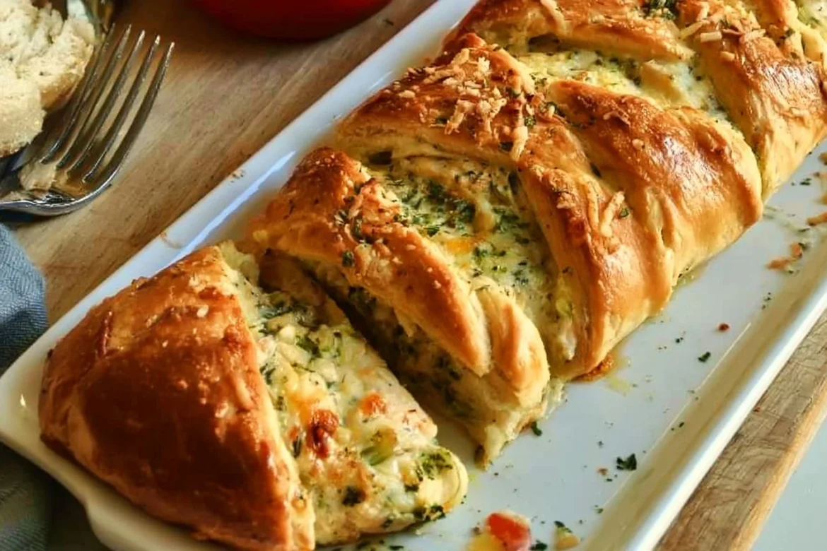 Pampered Chef Chicken Broccoli Braid ready to serve, showcasing golden-brown pastry and filling.