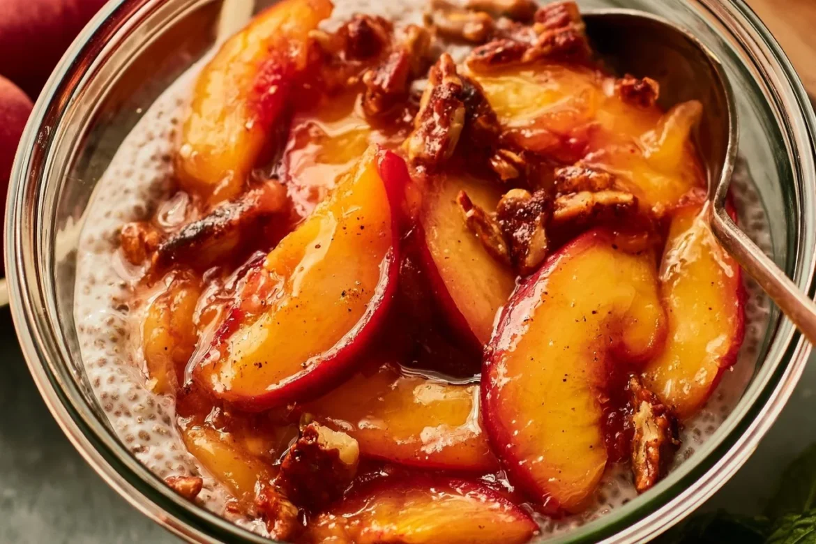 Delicious Peach Cobbler Chia Pudding topped with fresh peaches and a sprinkle of cinnamon.