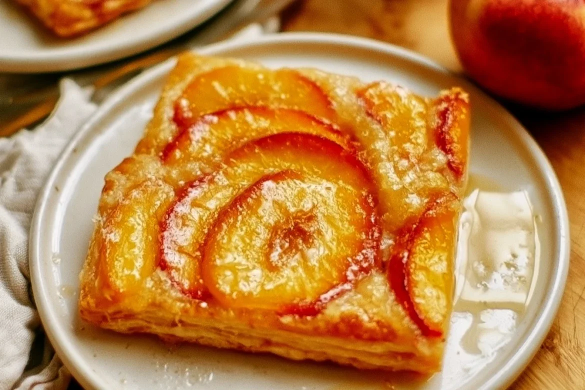 Delicious Peach Upside Down Puff Pastry topped with juicy peaches