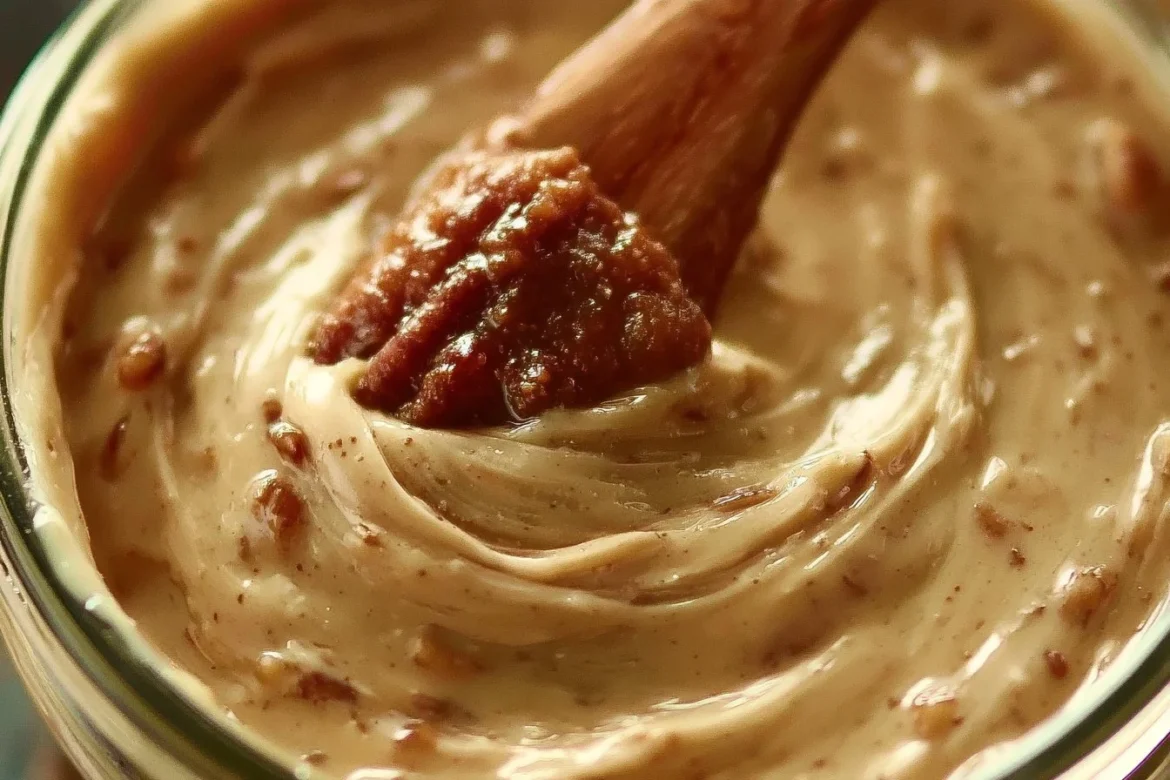 Jar of pecan praline honey butter on a wooden table with toast.