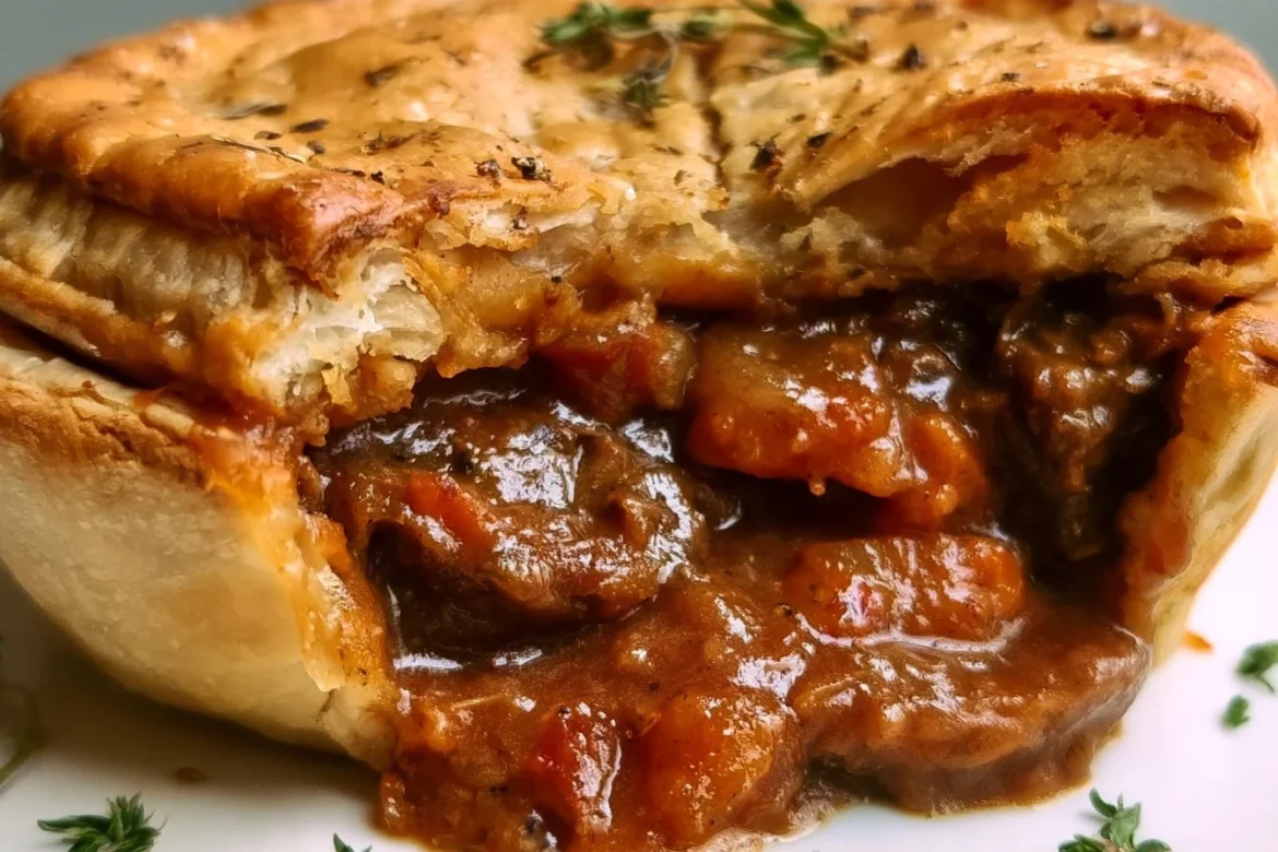 Delicious Pepper Steak Pie topped with golden pastry crust and vibrant bell peppers