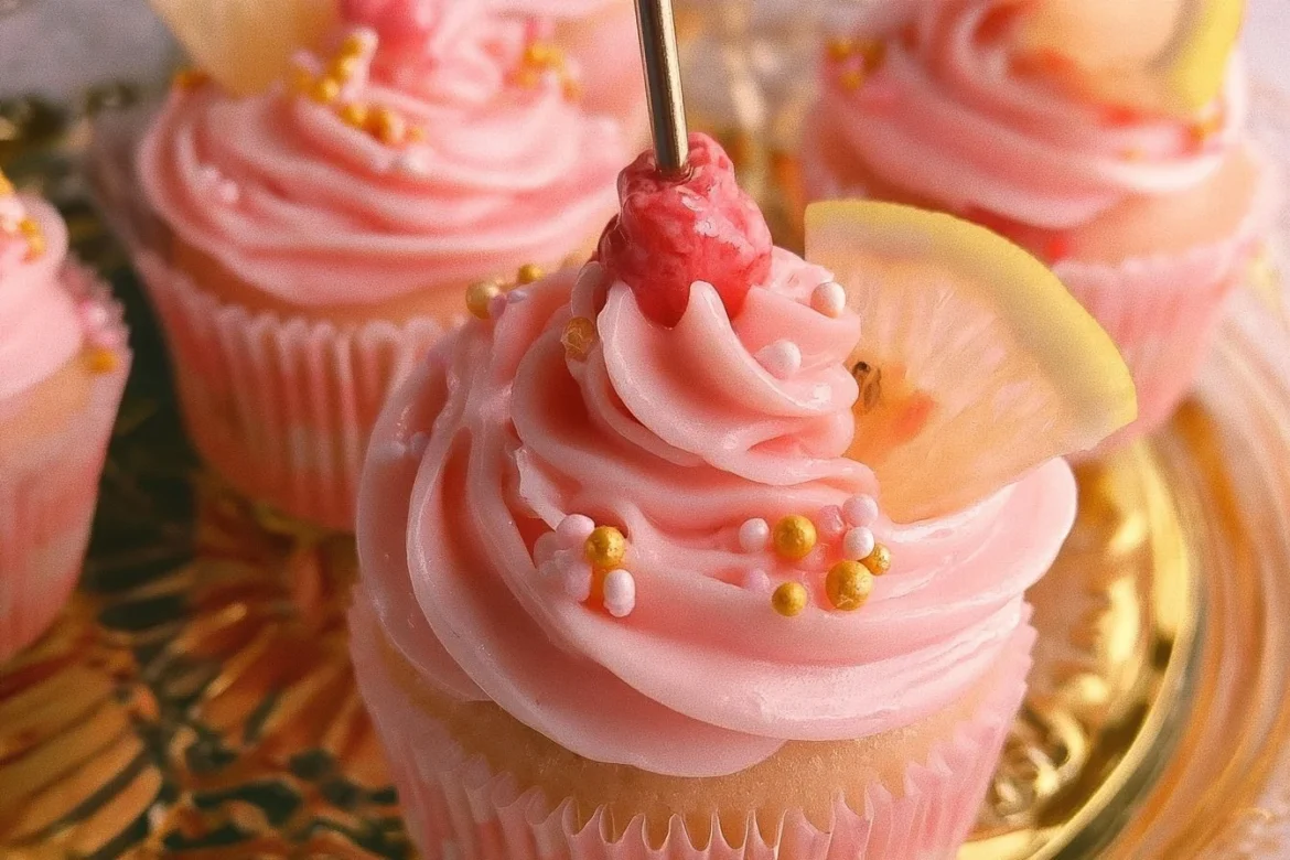 Delicious pink lemonade cupcakes topped with creamy frosting and lemon zest
