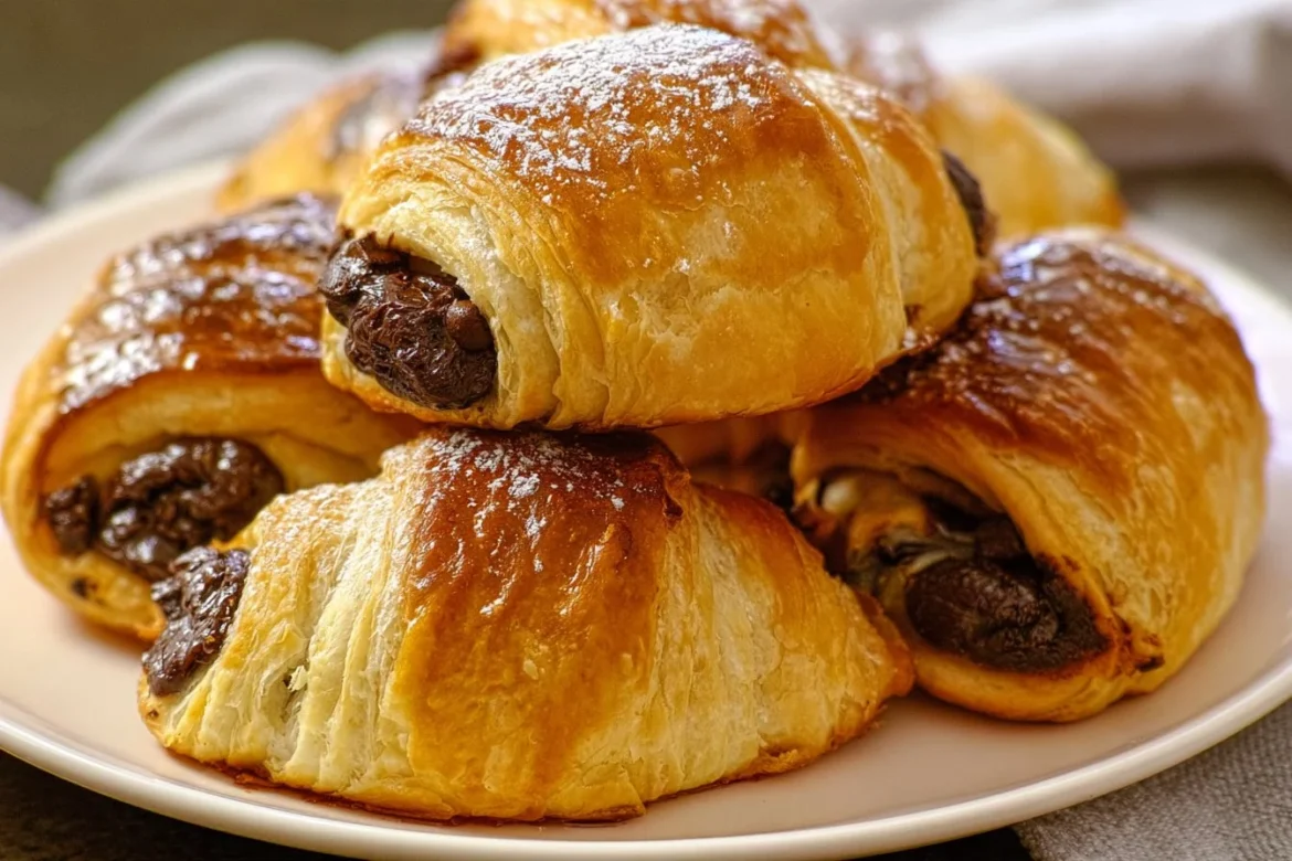 Freshly baked puff pastry chocolate croissant with melted chocolate filling