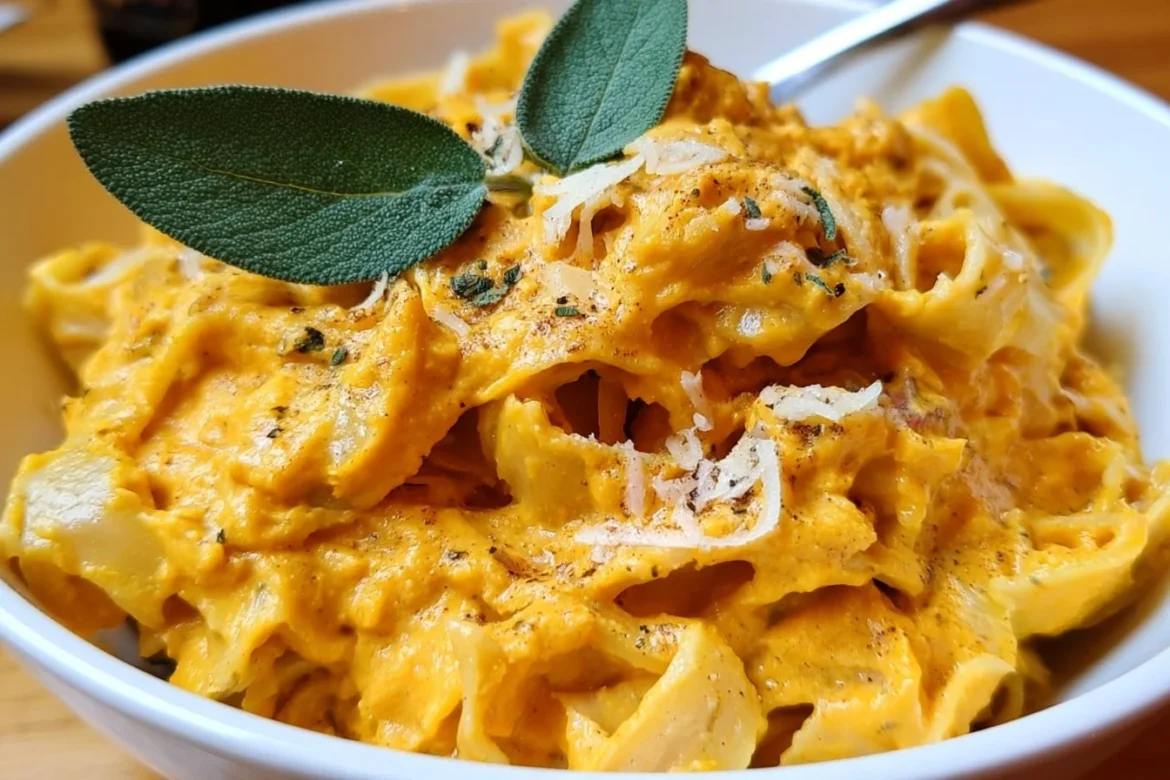 Delicious Pumpkin Alfredo pasta topped with crispy sage leaves in a creamy sauce.