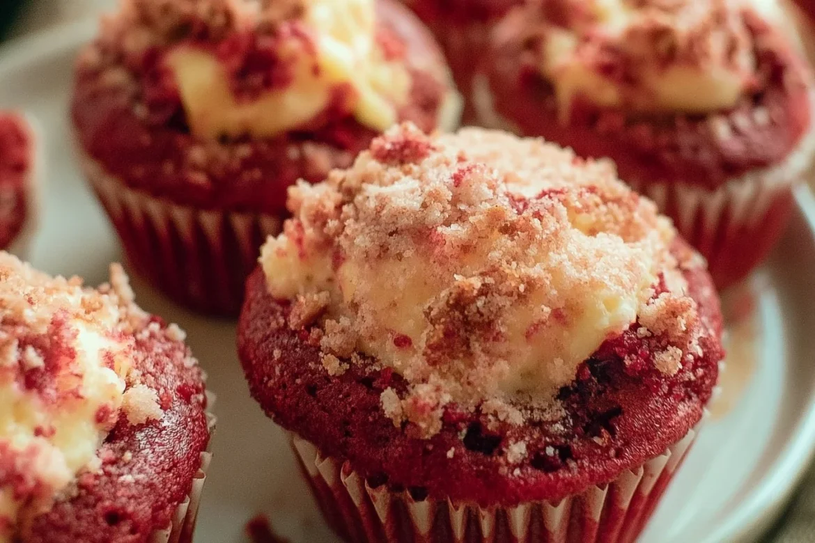 Red velvet cream cheese muffins baked to perfection with a rich texture and flavor.