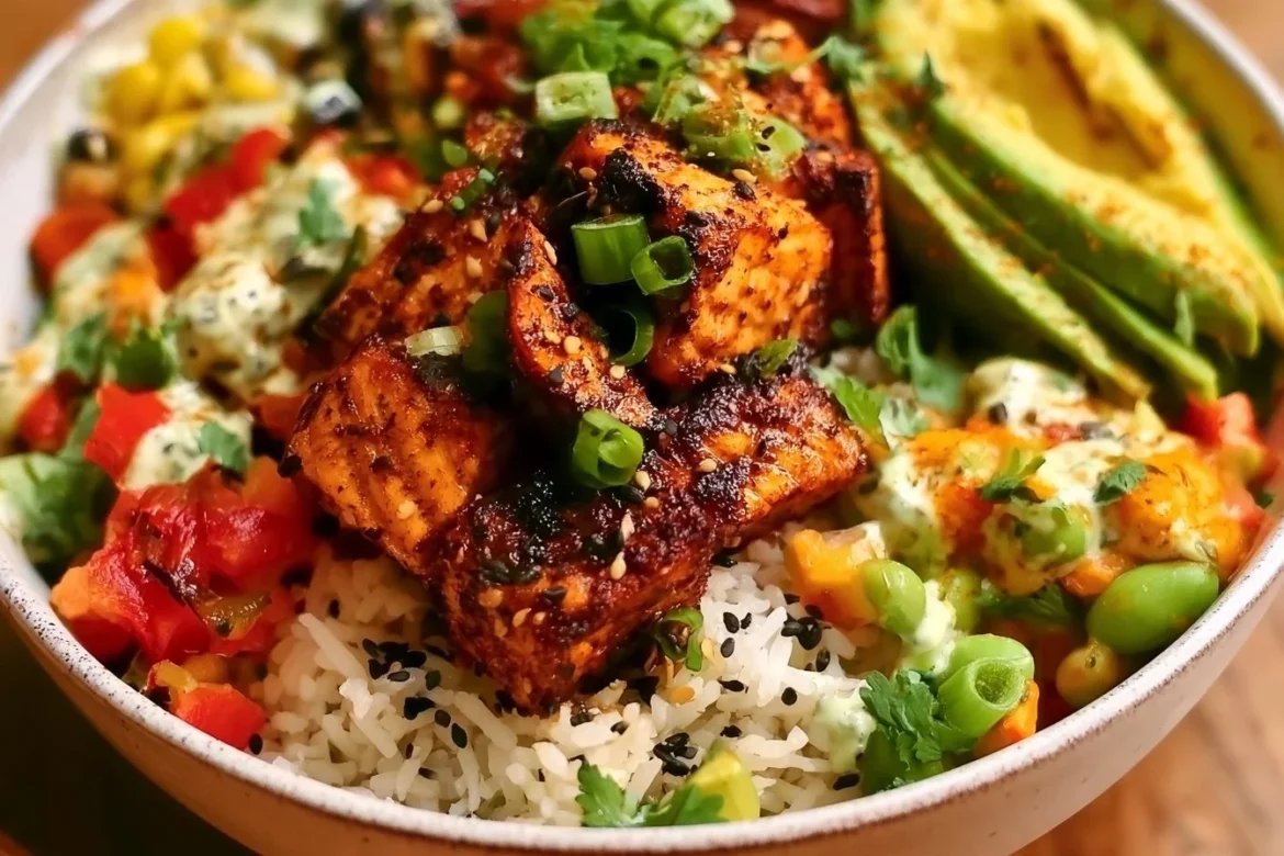 Salmon burrito bowl with fresh vegetables and ingredients