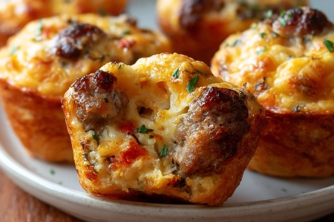 Sausage pancake muffins served on a plate with syrup drizzled on top