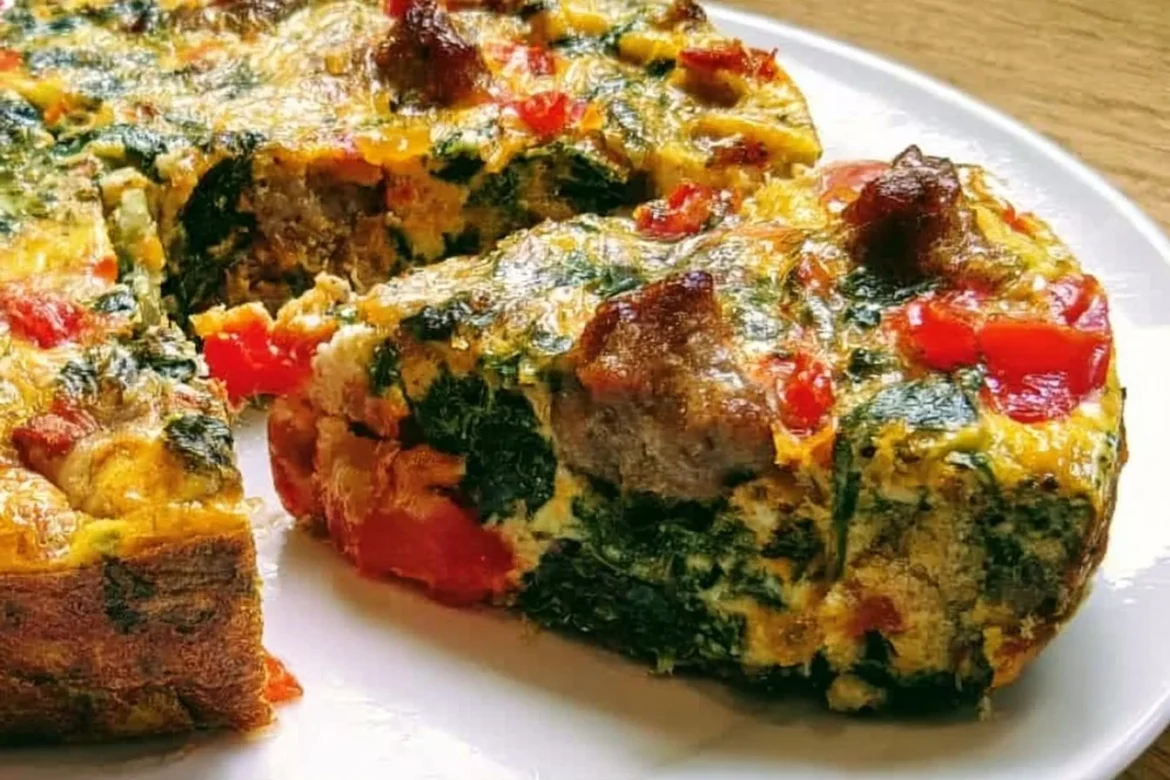 Sausage Spinach Frittata served on a plate, garnished with fresh herbs.