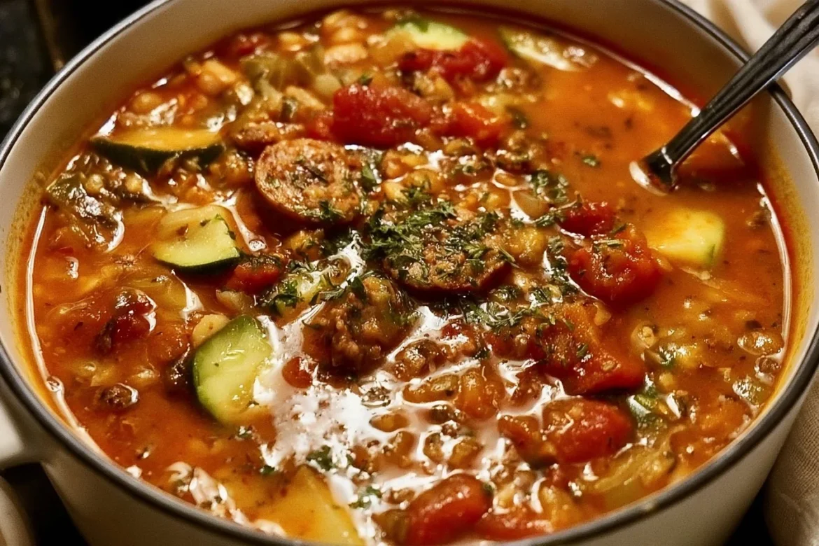 Bowl of savory sausage zucchini soup with fresh ingredients.