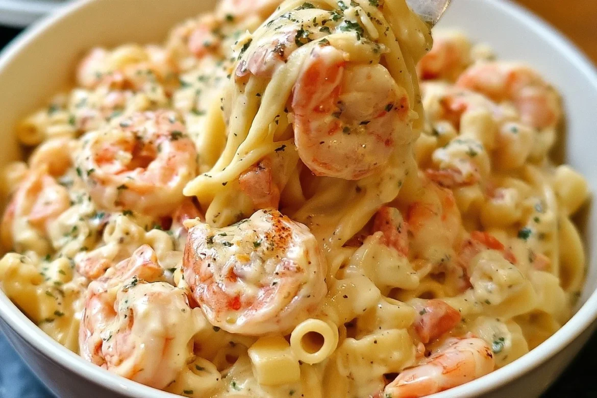 Creamy Shrimp Alfredo Bake topped with melted cheese and herbs