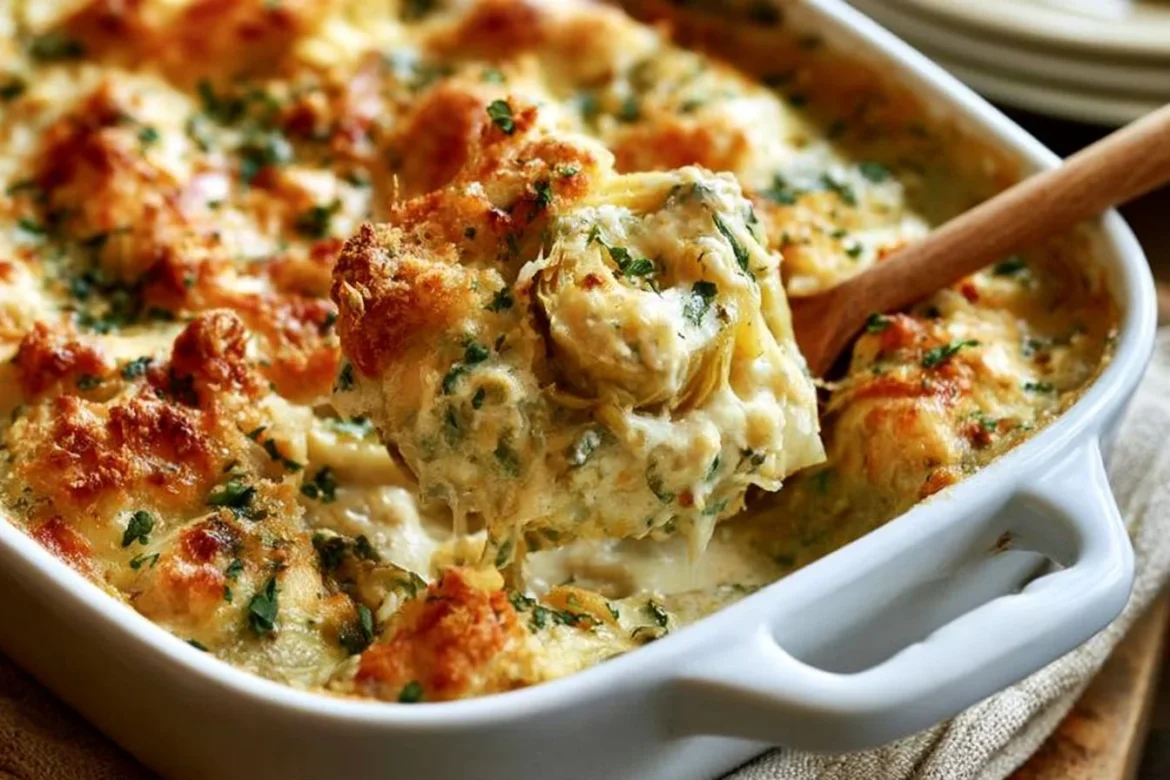Simple baked chicken artichoke casserole served in a dish
