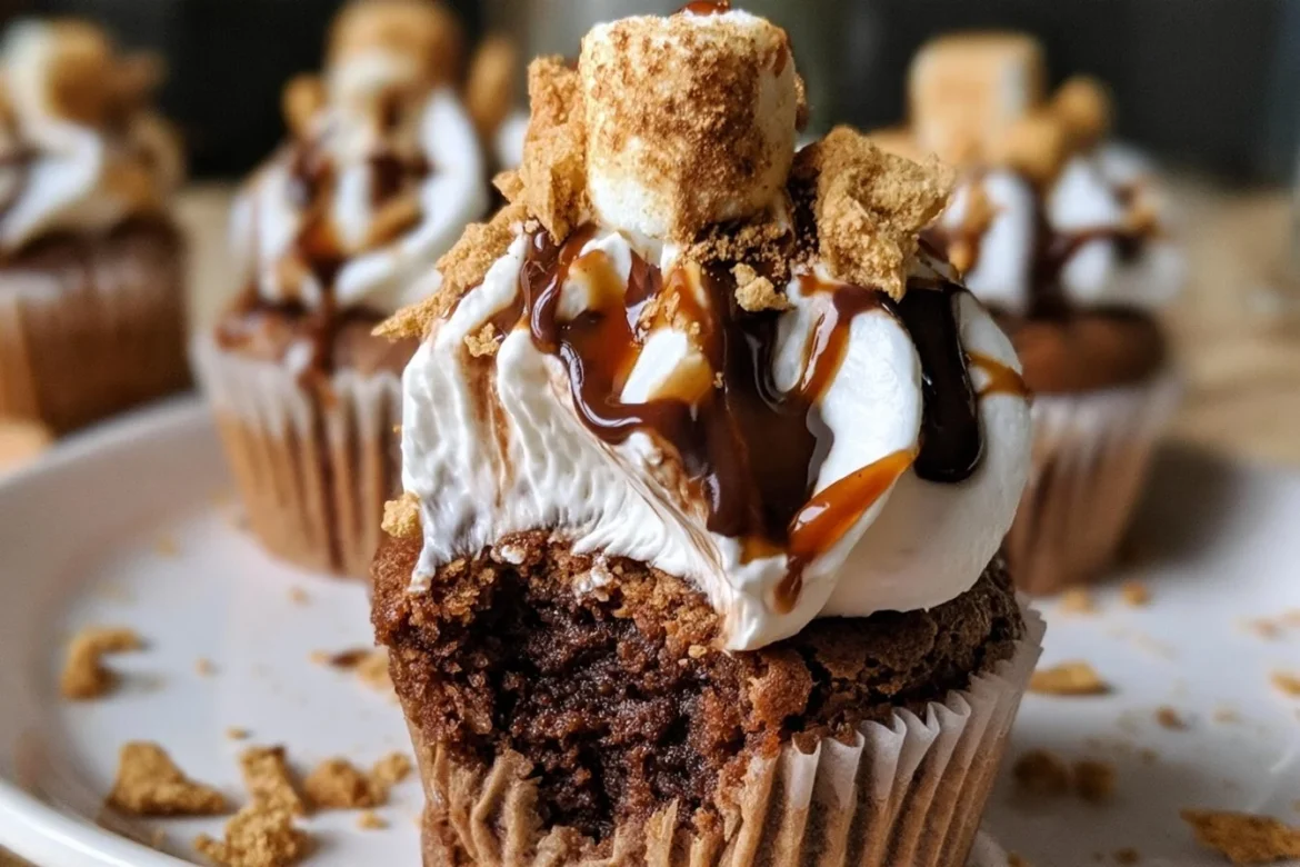 Delicious s'mores brownie cupcakes topped with marshmallows and chocolate.