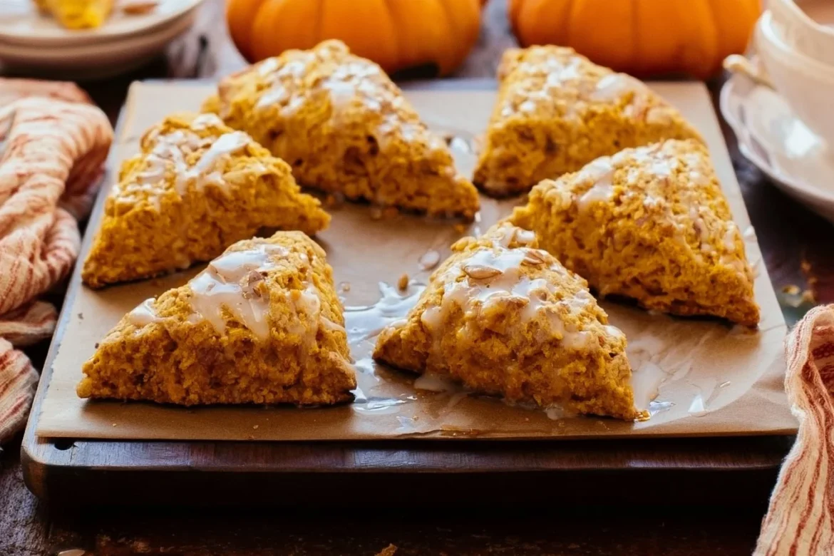 Delicious sourdough pumpkin scones topped with spices and perfect for fall