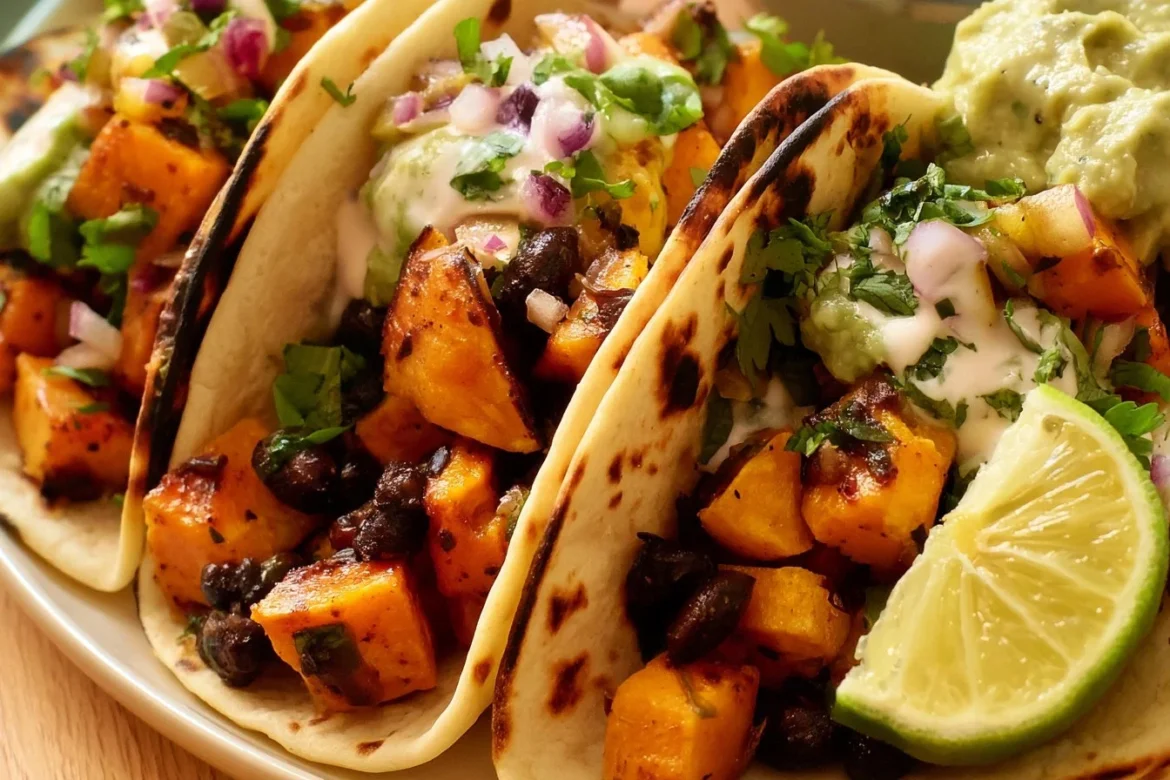 Spiced sweet potato and black bean tacos served with toppings.
