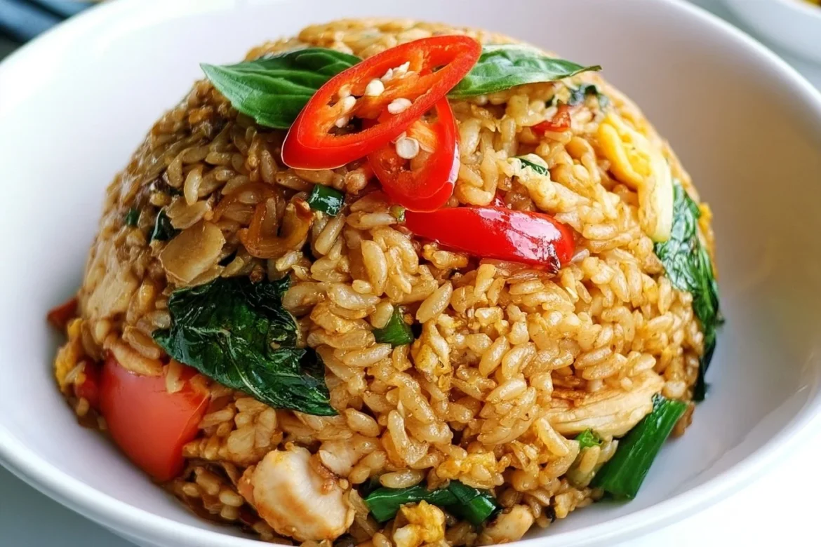 Spicy Thai Basil Chicken Fried Rice with fresh basil and colorful vegetables
