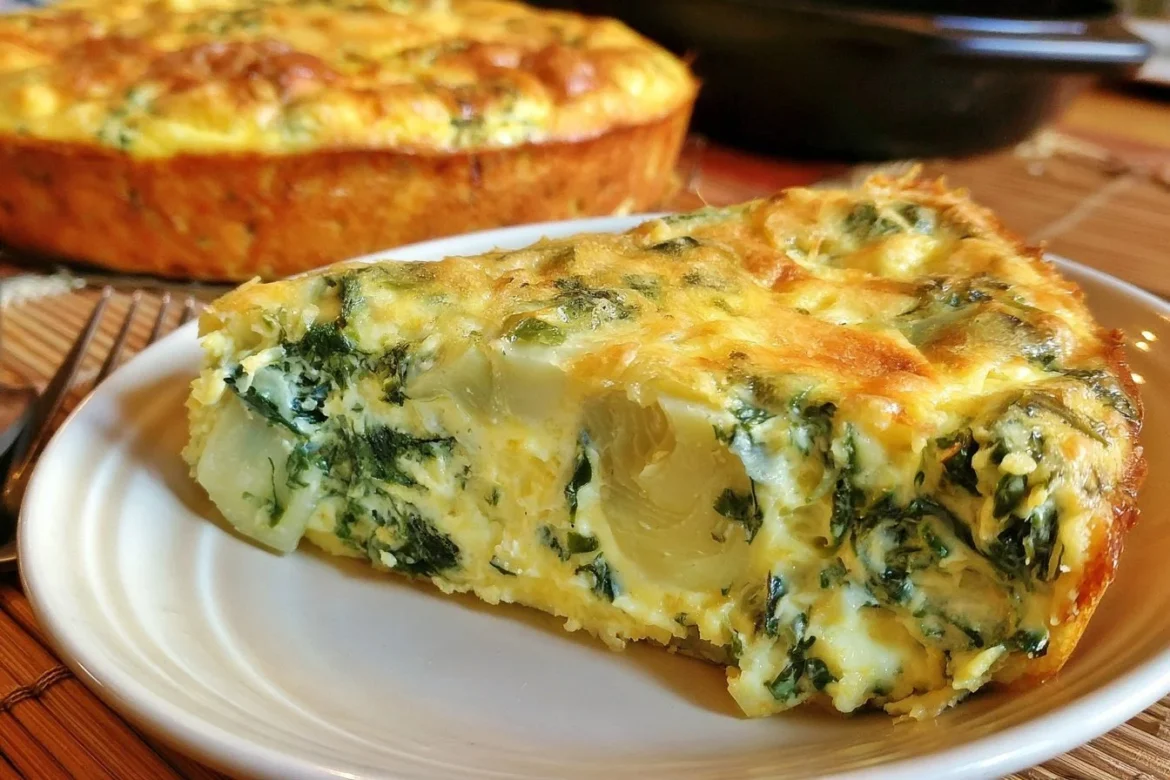 Crustless spinach artichoke quiche served on a white plate with herbs
