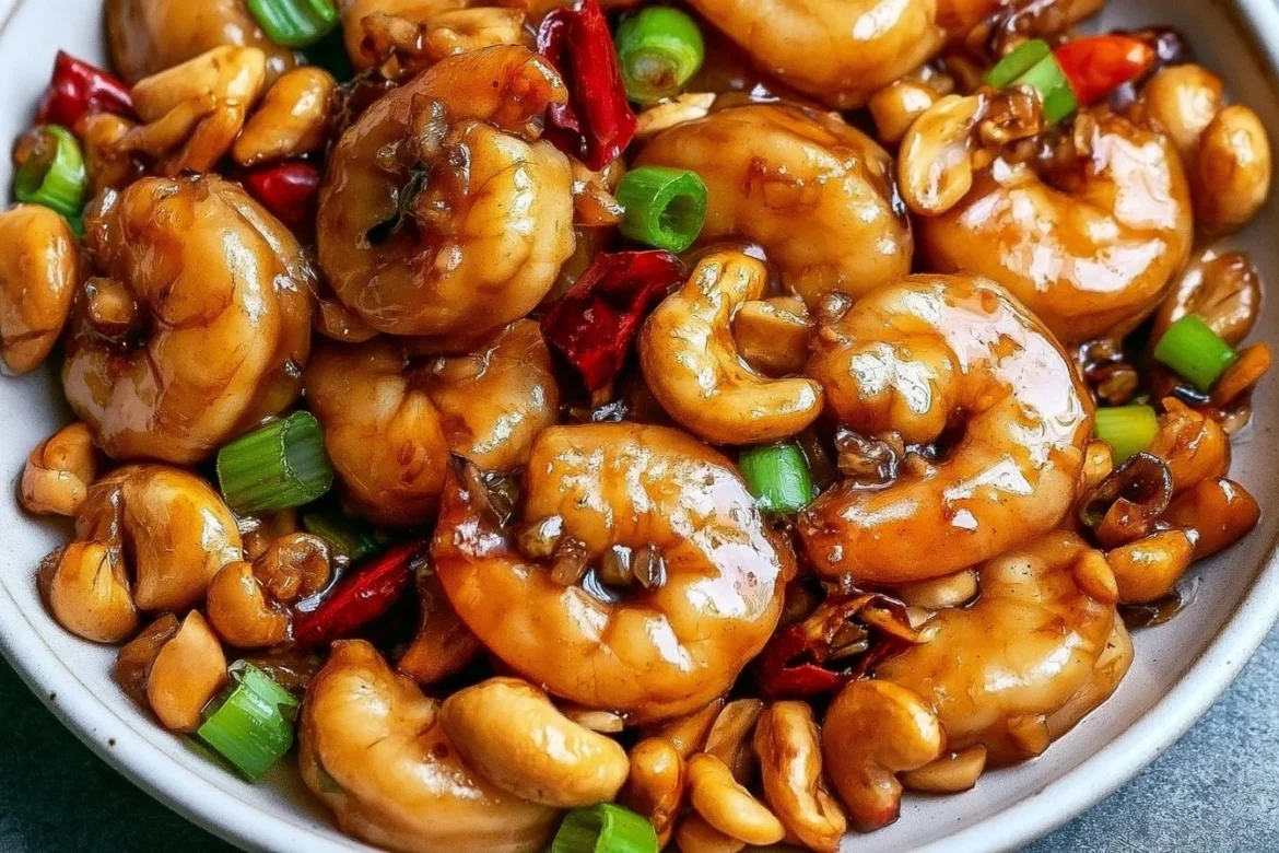 Delicious homemade Kung Pao Shrimp with peanuts and vegetables