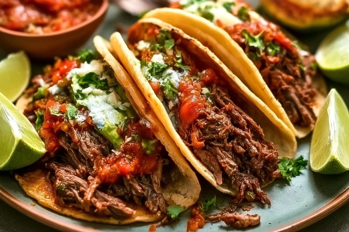 A plate of delicious pulled beef tacos topped with fresh ingredients.