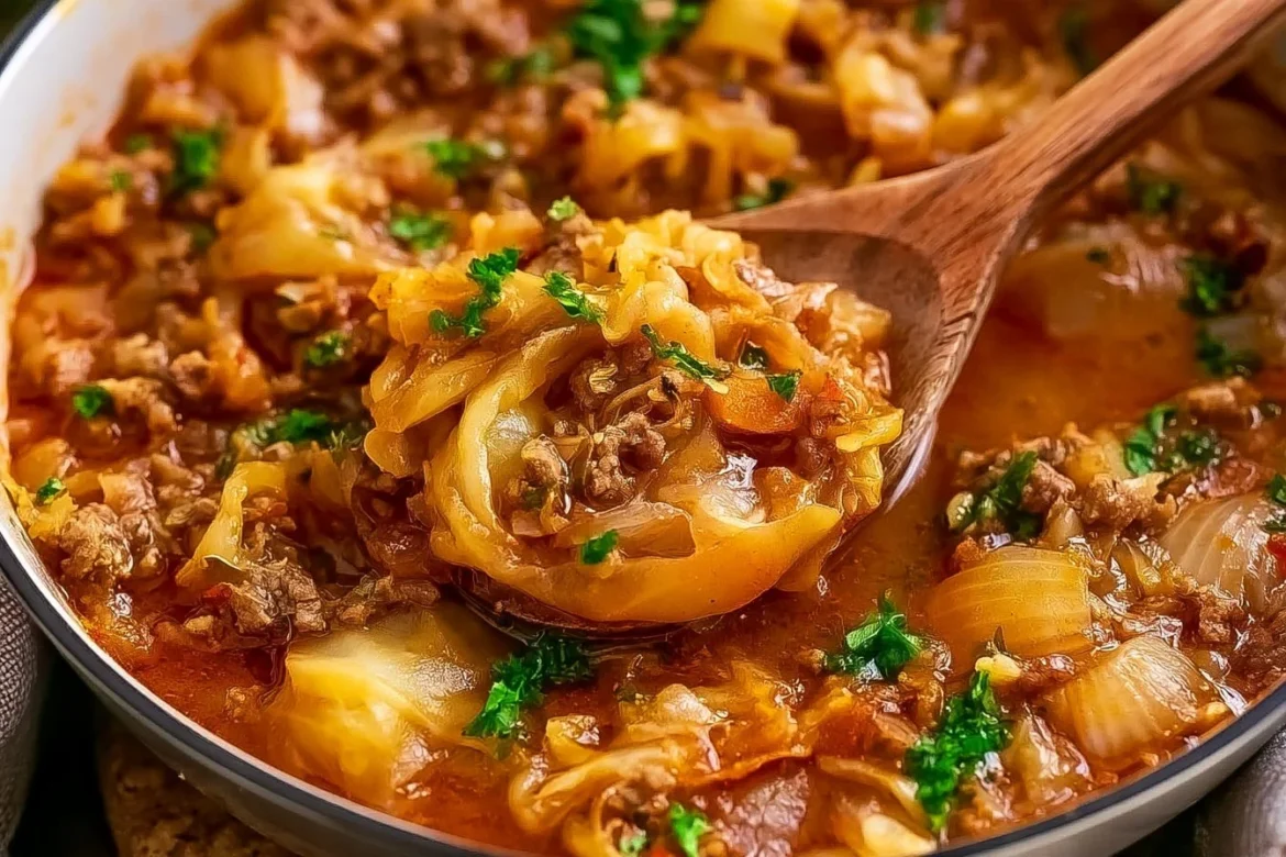 A hearty bowl of Turkish cabbage stew with fresh herbs and vegetables.