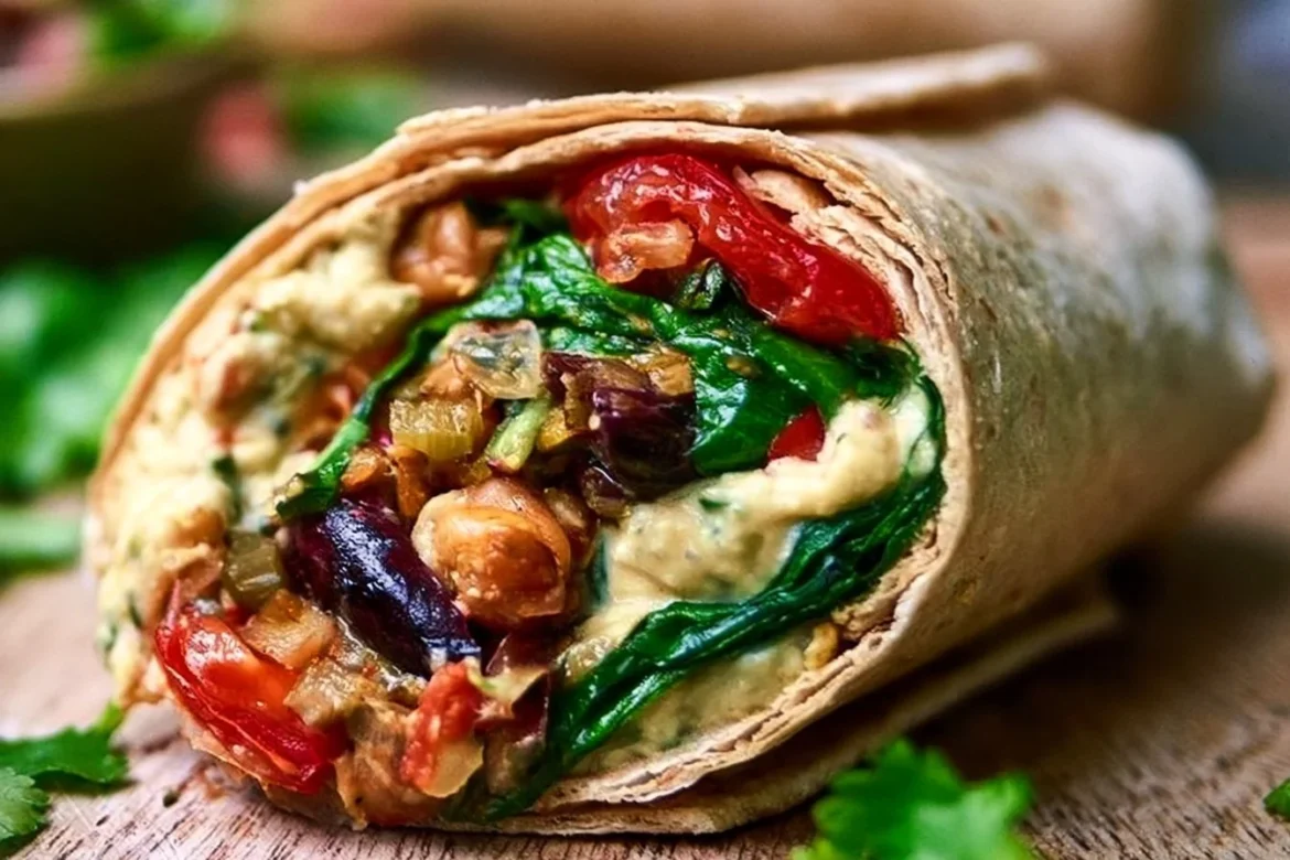 Vegan Mediterranean hummus wrap filled with fresh vegetables and hummus