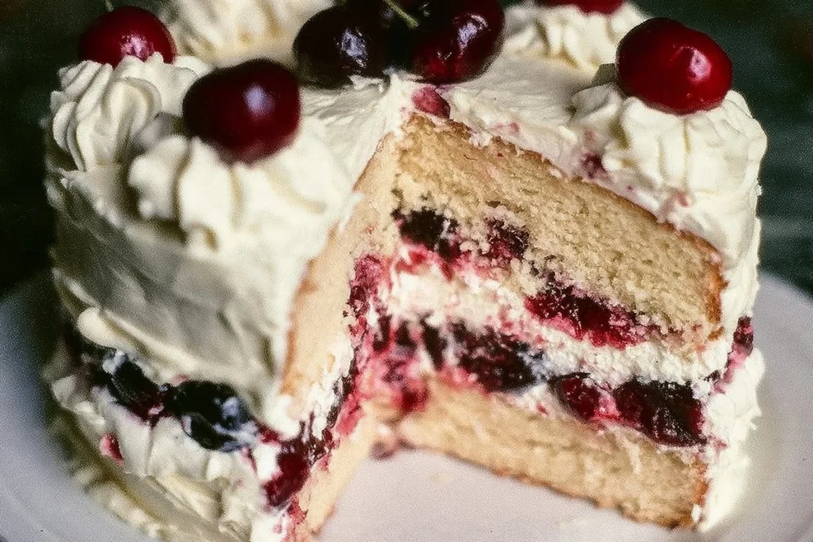 Delicious White Forest Cake decorated with whipped cream and cherries.